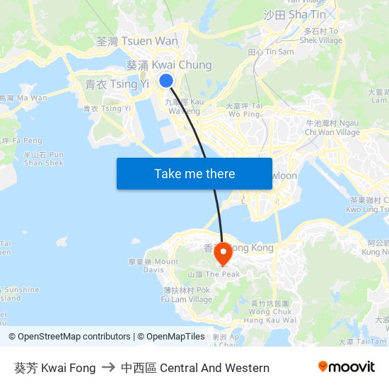 葵芳 Kwai Fong to 中西區 Central And Western map