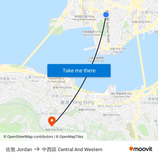 佐敦 Jordan to 中西區 Central And Western map