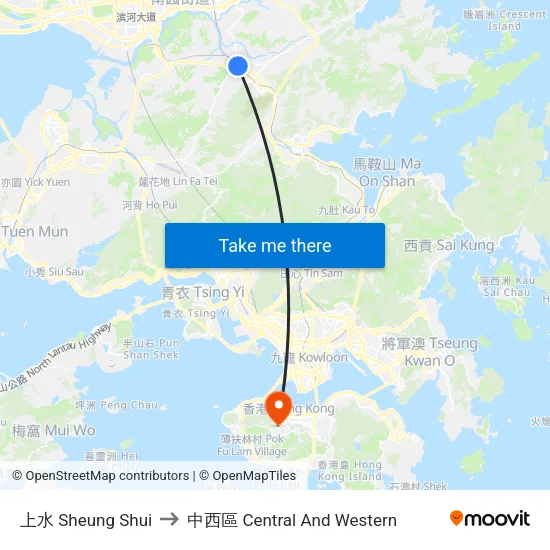 上水 Sheung Shui to 中西區 Central And Western map