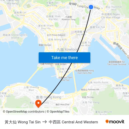 黃大仙 Wong Tai Sin to 中西區 Central And Western map