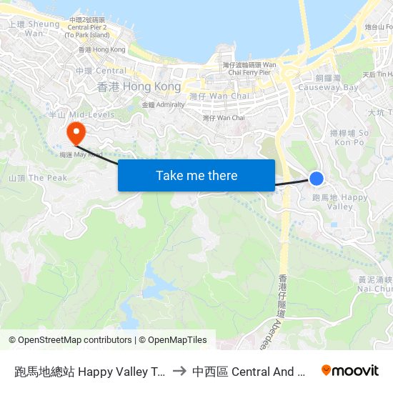 跑馬地總站 Happy Valley Terminus to 中西區 Central And Western map