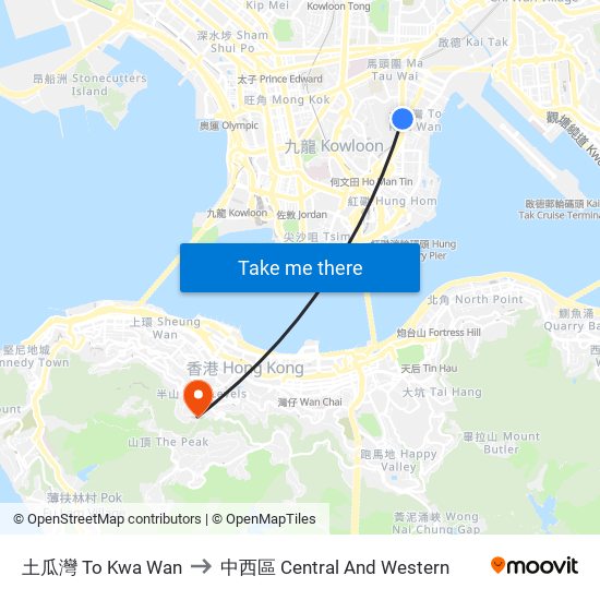土瓜灣 To Kwa Wan to 中西區 Central And Western map