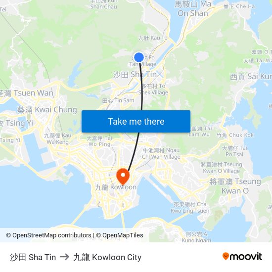 沙田 Sha Tin to 九龍 Kowloon City map