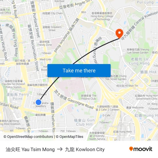 油尖旺 Yau Tsim Mong to 九龍 Kowloon City map