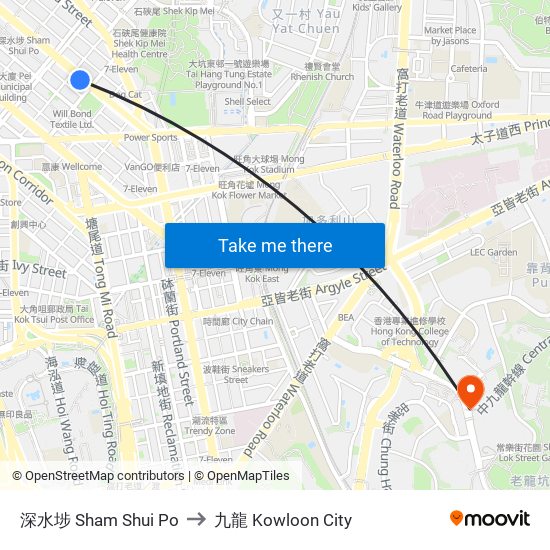 深水埗 Sham Shui Po to 九龍 Kowloon City map