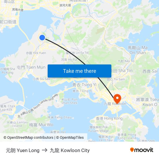 元朗 Yuen Long to 九龍 Kowloon City map