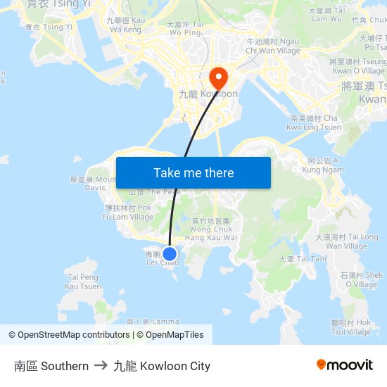 南區 Southern to 九龍 Kowloon City map