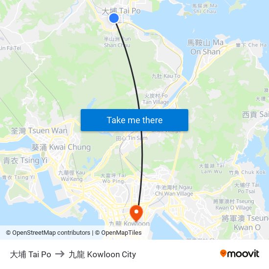 大埔 Tai Po to 九龍 Kowloon City map