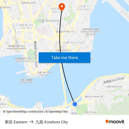 東區 Eastern to 九龍 Kowloon City map