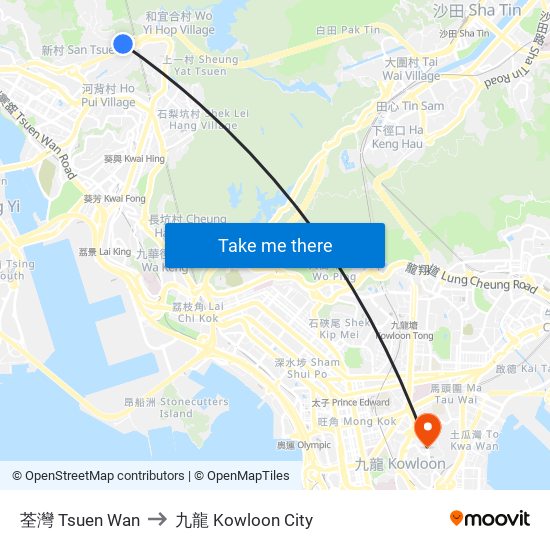 荃灣 Tsuen Wan to 九龍 Kowloon City map
