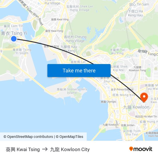 葵興 Kwai Tsing to 九龍 Kowloon City map