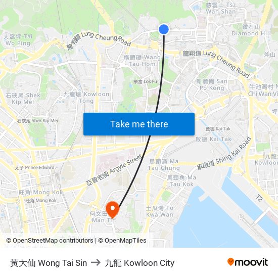 黃大仙 Wong Tai Sin to 九龍 Kowloon City map