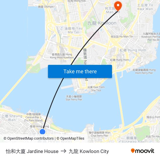 怡和大廈 Jardine House to 九龍 Kowloon City map