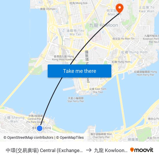 中環(交易廣場) Central (Exchange Square) to 九龍 Kowloon City map