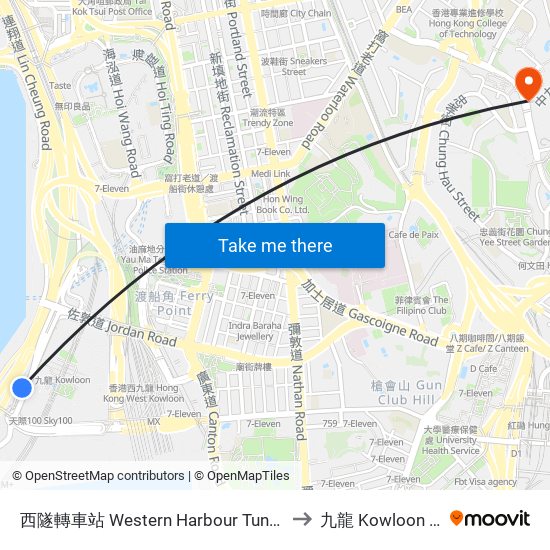 西隧轉車站 Western Harbour Tunnel Bbi to 九龍 Kowloon City map