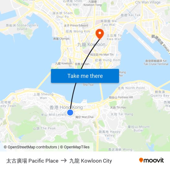 太古廣場 Pacific Place to 九龍 Kowloon City map
