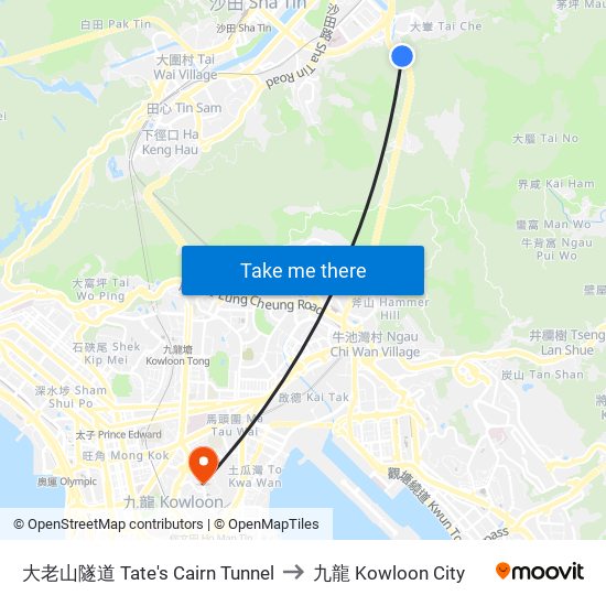 大老山隧道 Tate's Cairn Tunnel to 九龍 Kowloon City map