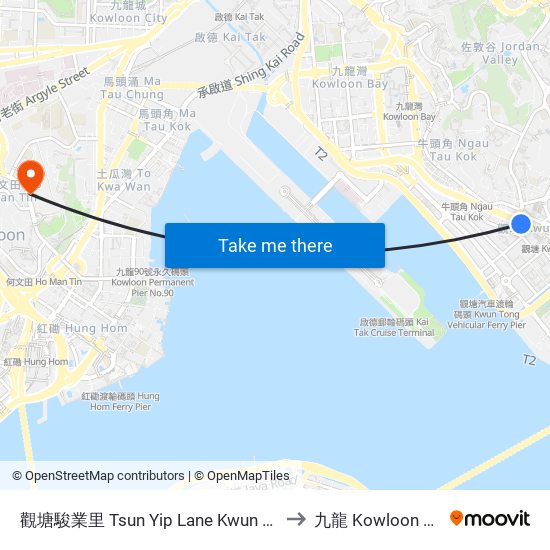 觀塘駿業里 Tsun Yip Lane Kwun Tong to 九龍 Kowloon City map