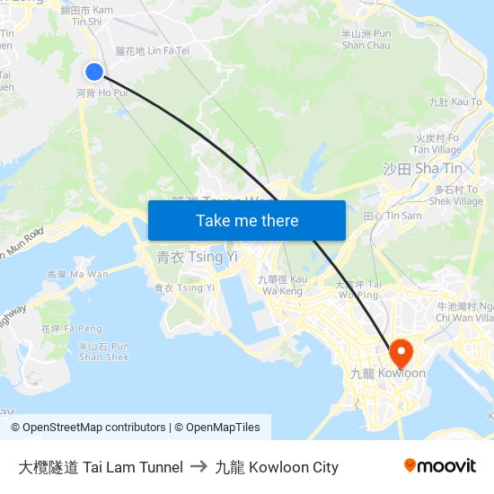 大欖隧道 Tai Lam Tunnel to 九龍 Kowloon City map