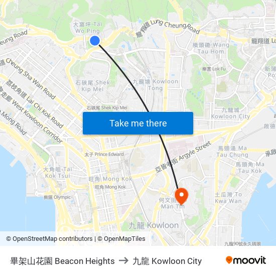 畢架山花園 Beacon Heights to 九龍 Kowloon City map