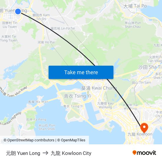 元朗 Yuen Long to 九龍 Kowloon City map
