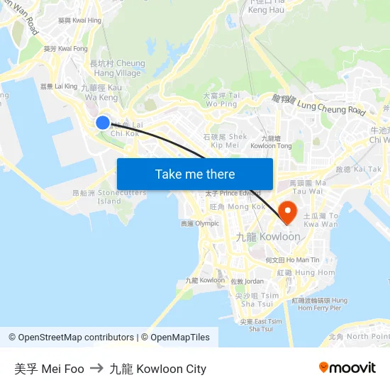 美孚 Mei Foo to 九龍 Kowloon City map