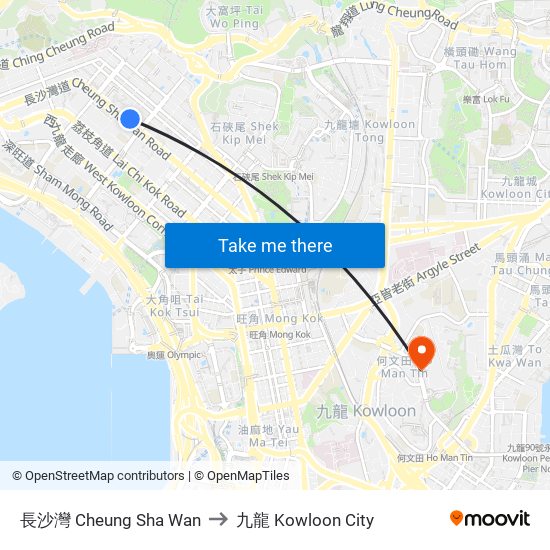 長沙灣 Cheung Sha Wan to 九龍 Kowloon City map