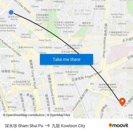 深水埗 Sham Shui Po to 九龍 Kowloon City map