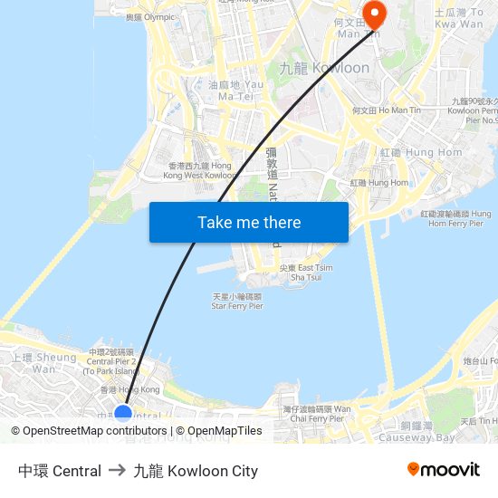 中環 Central to 九龍 Kowloon City map