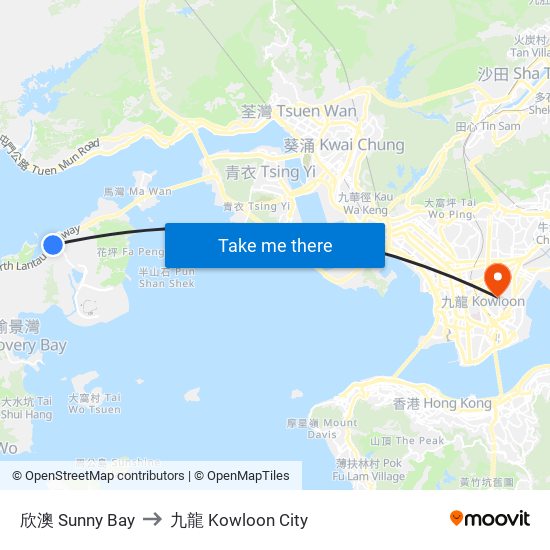 欣澳 Sunny Bay to 九龍 Kowloon City map