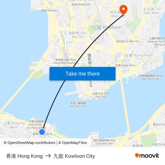 香港 Hong Kong to 九龍 Kowloon City map