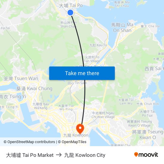 大埔墟 Tai Po Market to 九龍 Kowloon City map