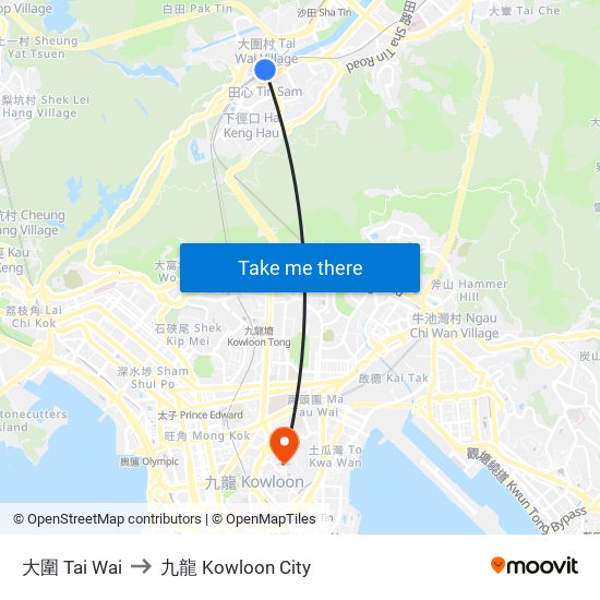 大圍 Tai Wai to 九龍 Kowloon City map
