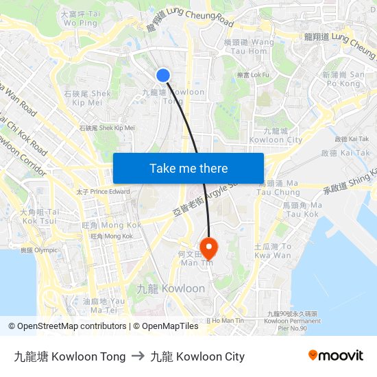 九龍塘 Kowloon Tong to 九龍 Kowloon City map
