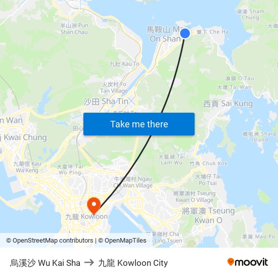 烏溪沙 Wu Kai Sha to 九龍 Kowloon City map
