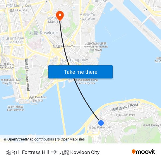 炮台山 Fortress Hill to 九龍 Kowloon City map