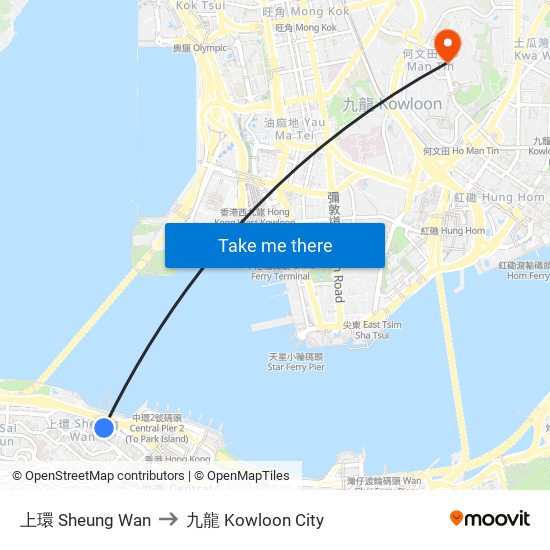 上環 Sheung Wan to 九龍 Kowloon City map