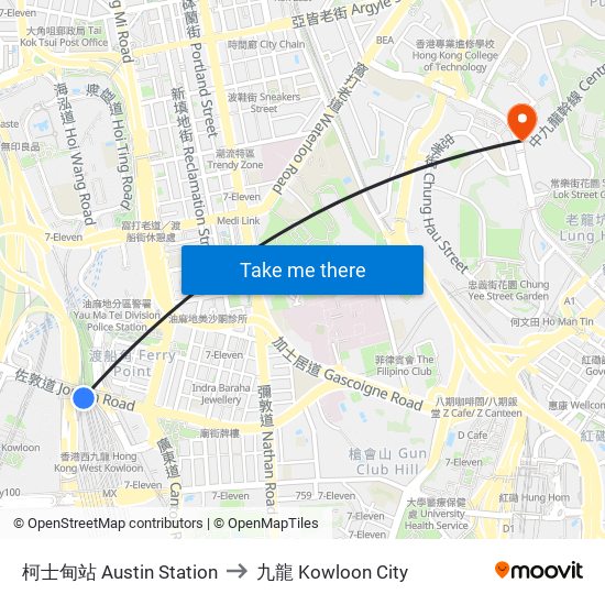 柯士甸站 Austin Station to 九龍 Kowloon City map