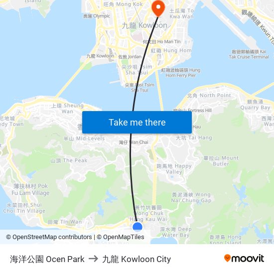 海洋公園 Ocen Park to 九龍 Kowloon City map