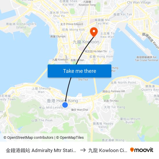 金鐘港鐵站 Admiralty Mtr Station to 九龍 Kowloon City map