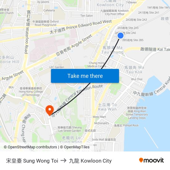 宋皇臺 Sung Wong Toi to 九龍 Kowloon City map
