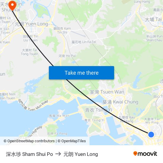 深水埗 Sham Shui Po to 元朗 Yuen Long map