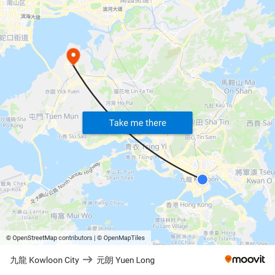 九龍 Kowloon City to 元朗 Yuen Long map