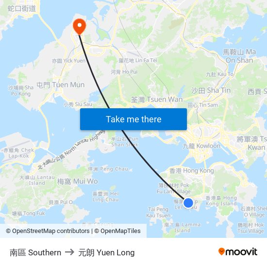 南區 Southern to 元朗 Yuen Long map