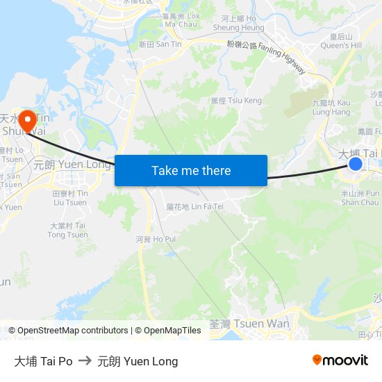 大埔 Tai Po to 元朗 Yuen Long map