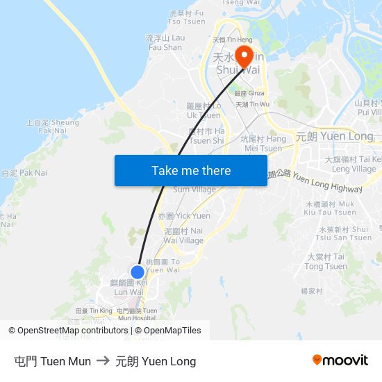 屯門 Tuen Mun to 元朗 Yuen Long map
