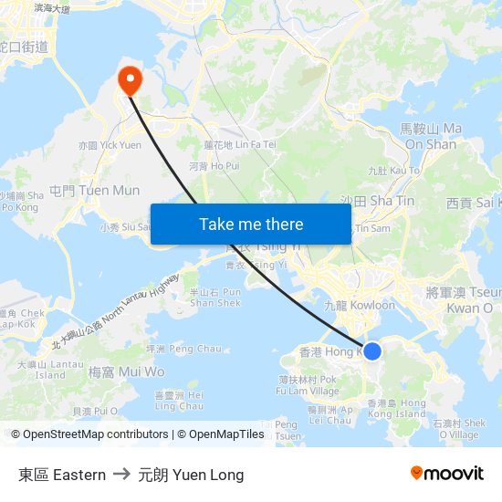 東區 Eastern to 元朗 Yuen Long map