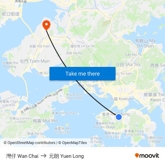 灣仔 Wan Chai to 元朗 Yuen Long map