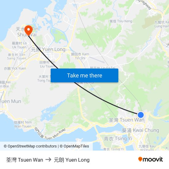 荃灣 Tsuen Wan to 元朗 Yuen Long map