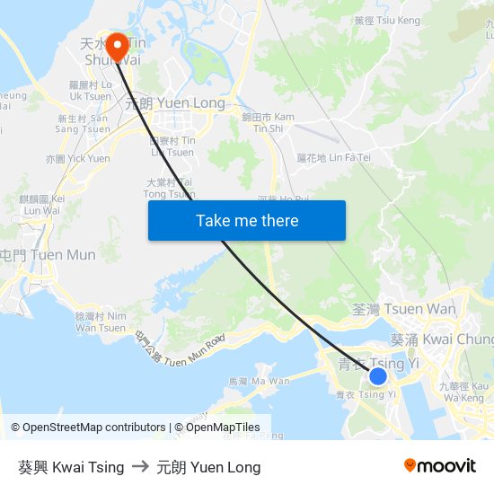 葵興 Kwai Tsing to 元朗 Yuen Long map